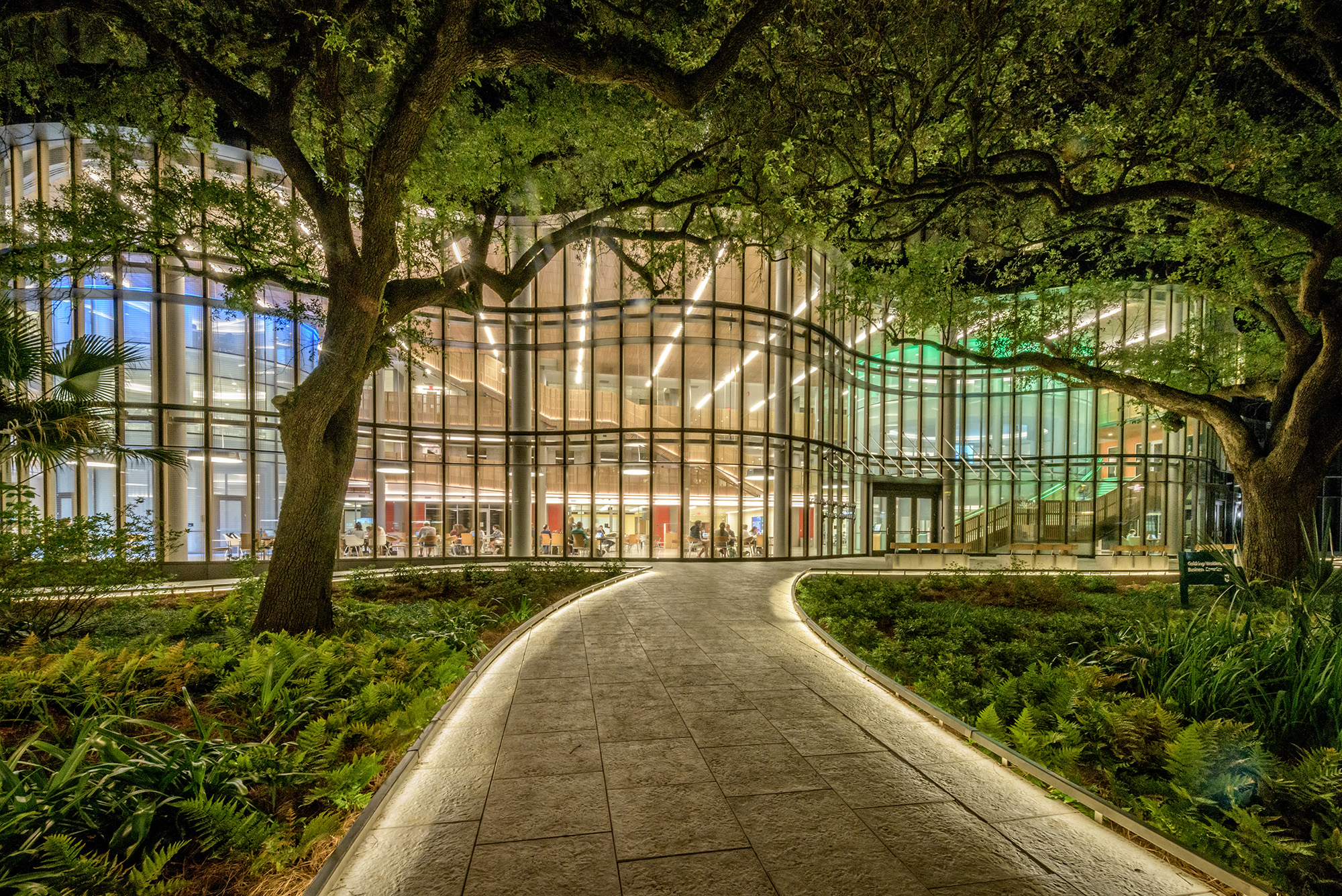 The GWBC front entrance walk way at dusk with the path lighting on in 2020.